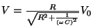 $V=\frac{R}{\sqrt{R^2+\frac{1}{(\omega C)^2}}}V_0$