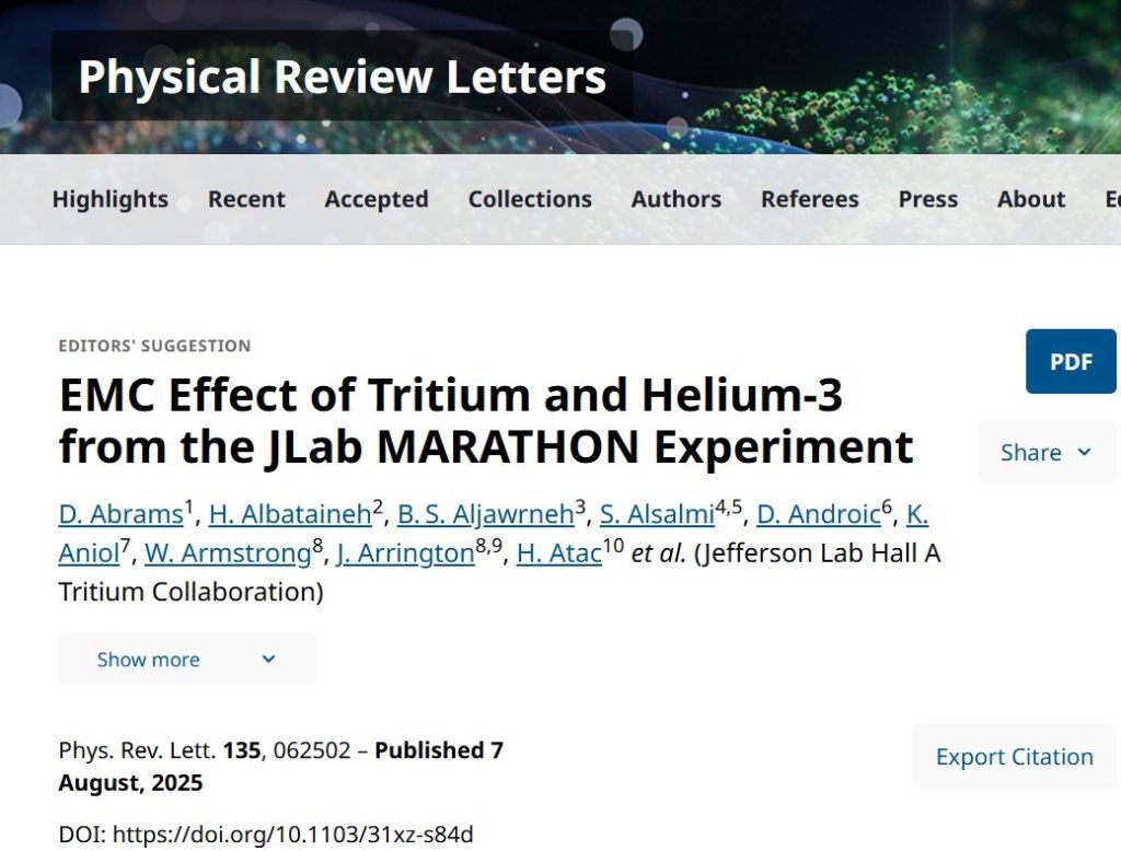 D. Abrams, …, T. Gogami et al., “EMC Effect of Tritium and Helium-3 from the JLab MARATHON Experiment”, Phys. Rev. Lett. 135, 062502 (2025)