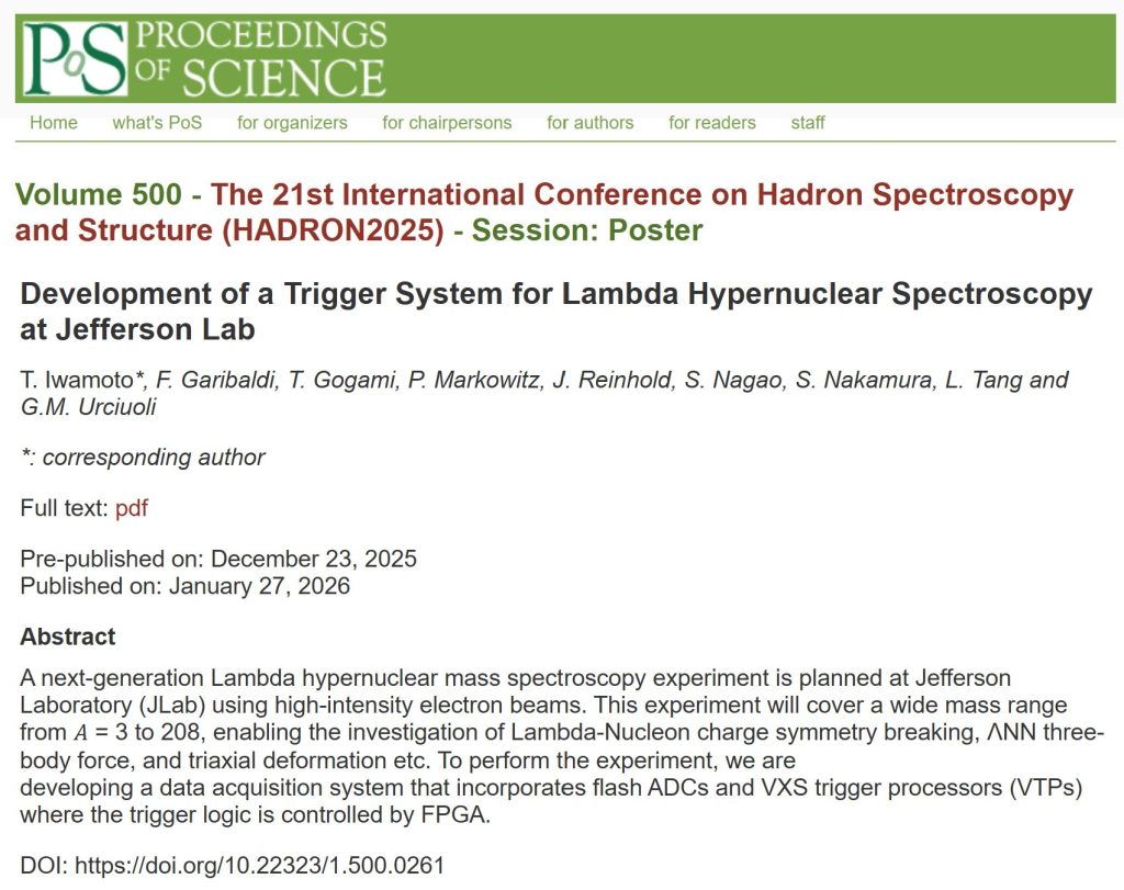 【論文公表】岩本（D1）によるJLab実験用データ取得トリガーの研究がHADRON2025プロシーディングに出版されました ([Publication] D1 Iwamoto’s research on DAQ trigger for JLab hypernuclear experiments published in PoS(HADRON2025))